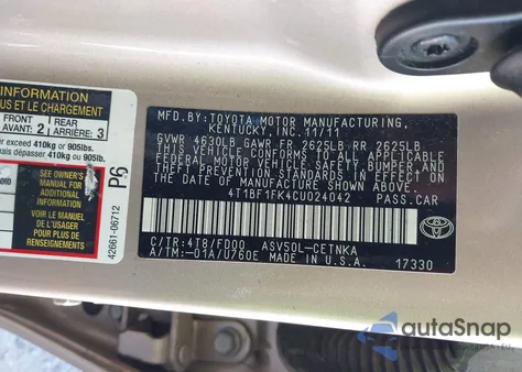 2012 Toyota Camry Le из США, поврежденный, VIN 4T1BF1FK4CU024042